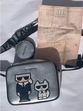 Karl Lagerfeld Paris Maybelle Silver Crossbody Camera Bag with Karl & Choupette
